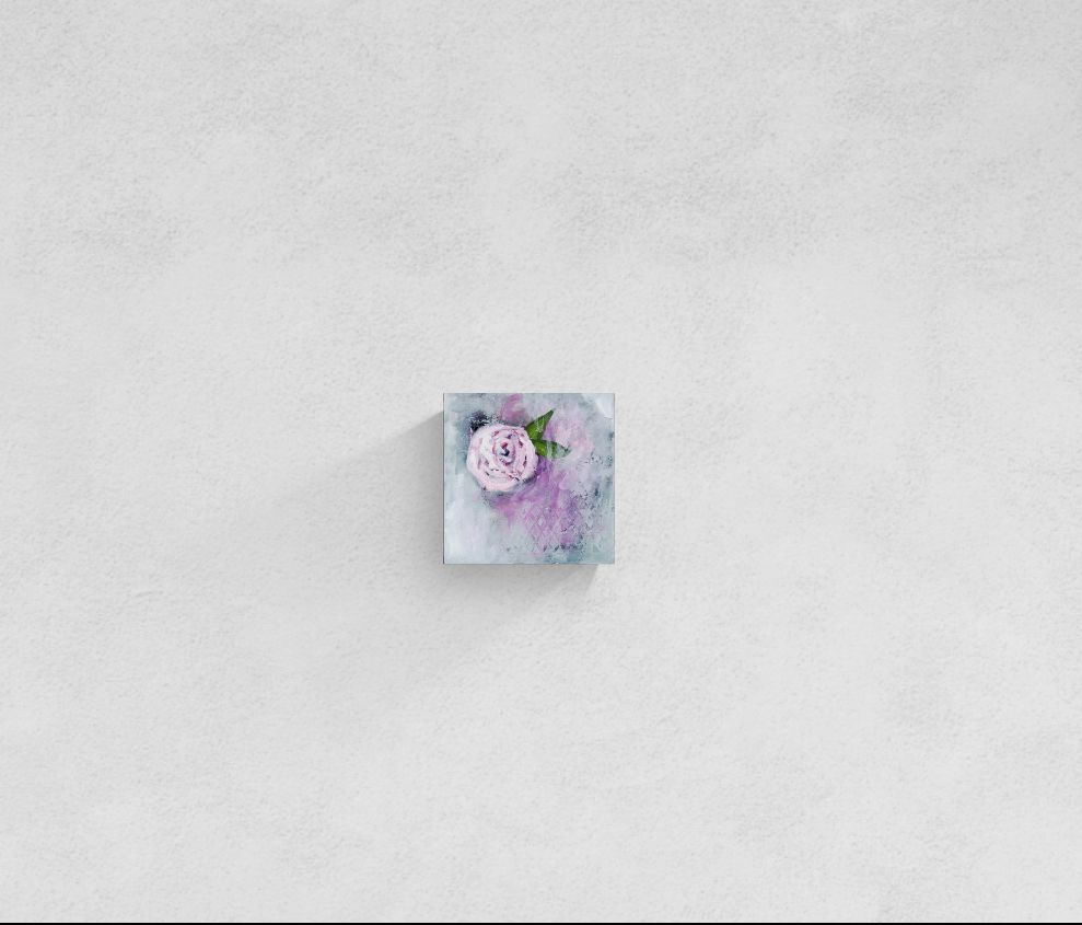 Dreamy pink floral abstract impressionism mixed media canvas wall art, titled "Held," by Amanda Craig in pink, purple, green, gray, white.