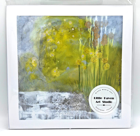 Giclee print of "In the Morning Light" painting by Amanda Craig in yellow, grey, and white.