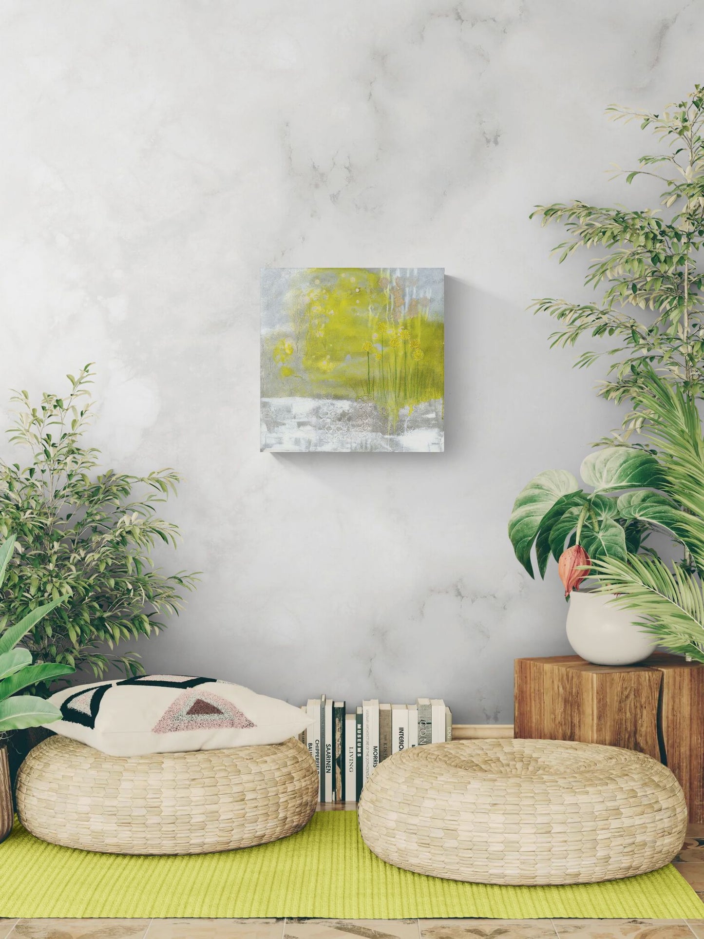 Original floral abstract realism mixed media art by Little Haven Art Studio in gold, yellow, beige, gray, white, in relaxing space. By Amanda Craig.