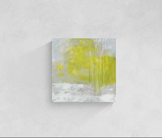 Original floral abstract impressionism canvas yellow wall art, "In the Morning Light," by Little Haven Art Studio in gold, yellow, beige, gray, white. 