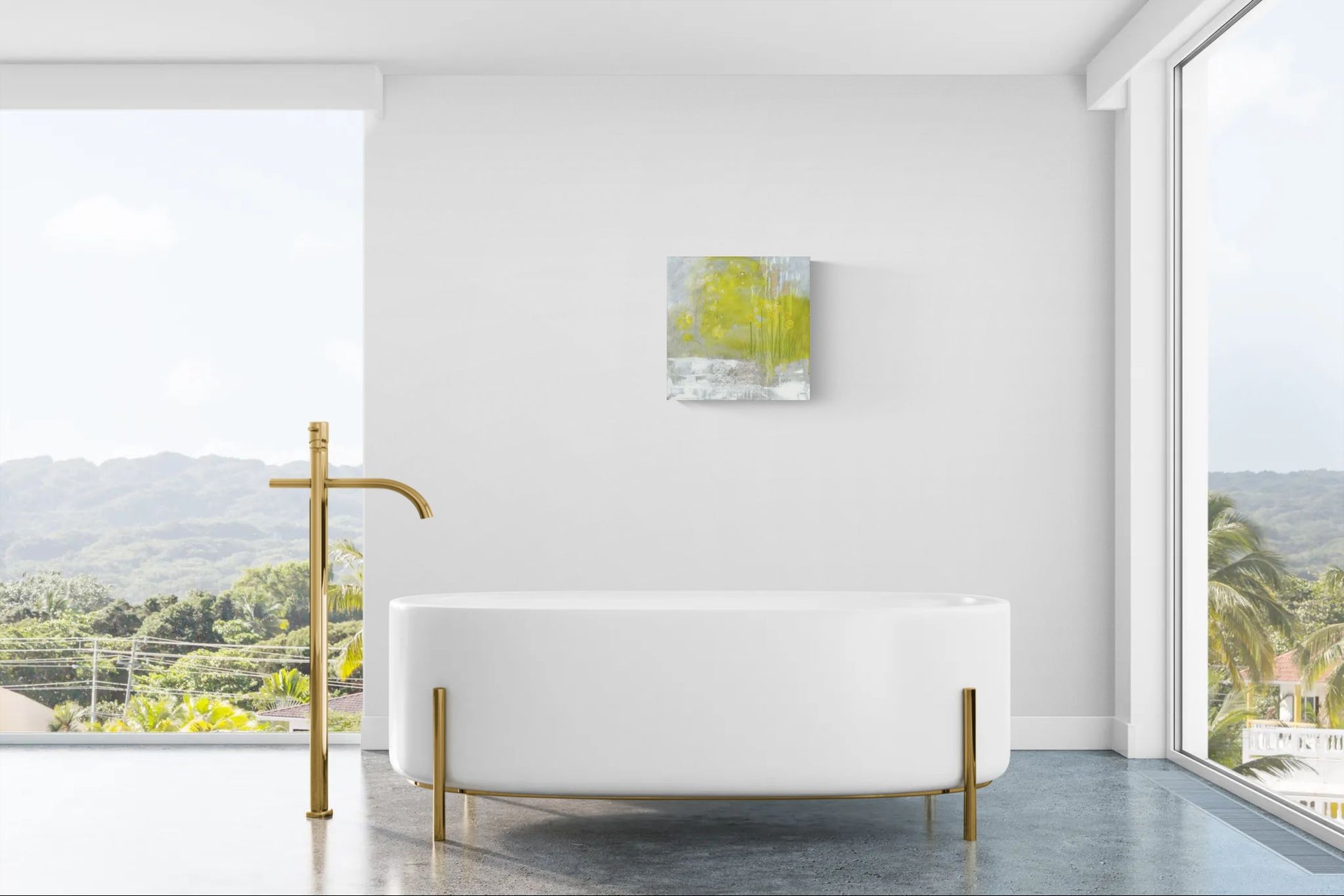 Original floral abstract impressionism canvas yellow wall art, "In the Morning Light," by Little Haven Art Studio in gold, yellow, beige, gray, white in bright modern bathroom.