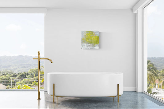 Original floral abstract impressionism canvas yellow wall art, "In the Morning Light," by Little Haven Art Studio in gold, yellow, beige, gray, white in bright modern bathroom.