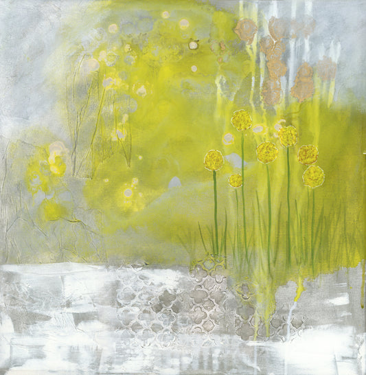 Original floral abstract realism mixed media art by Little Haven Art Studio in gold, yellow, beige, gray, white. By Amanda Craig.