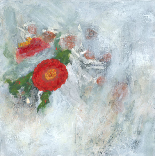 Original floral abstract realism mixed media art by Little Haven Art Studio in red, yellow, gray, white. By Amanda Craig.