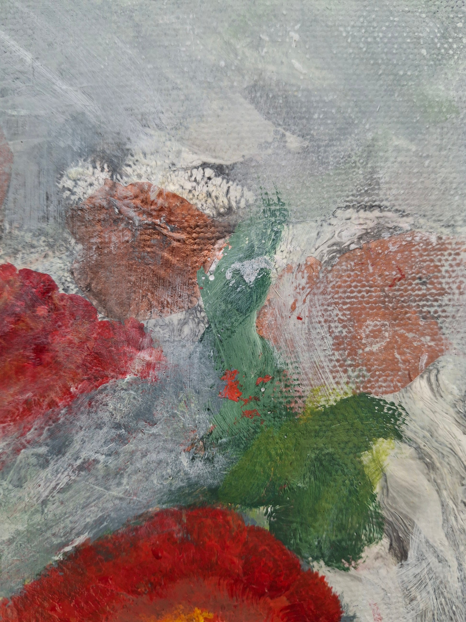 Detail of original floral abstract realism mixed media art by Little Haven Art Studio in red, yellow, gray, white. By Amanda Craig.