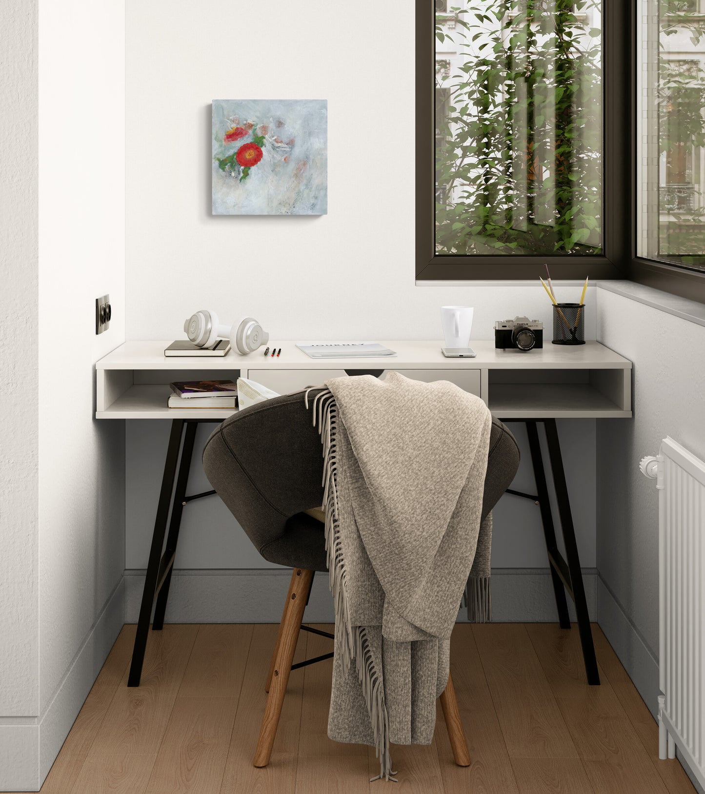 Original floral abstract realism mixed media art in home office by Little Haven Art Studio in red, yellow, gray, white. By Amanda Craig.