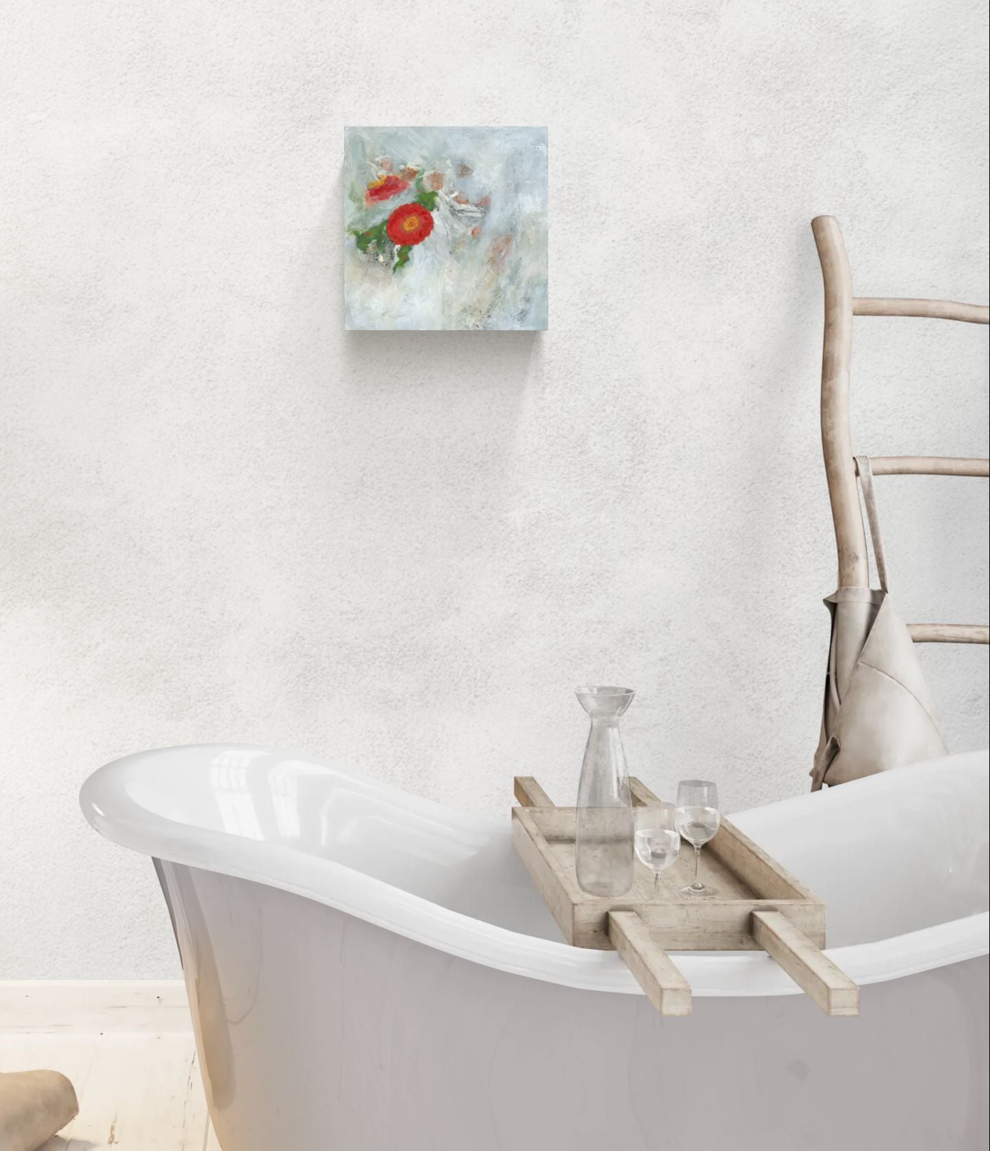Dreamy original abstract impressionism red floral wall art of "It Is Well" by Little Haven Art Studio in red, gold, green, and white hanging in boho style bathroom above bathtub.