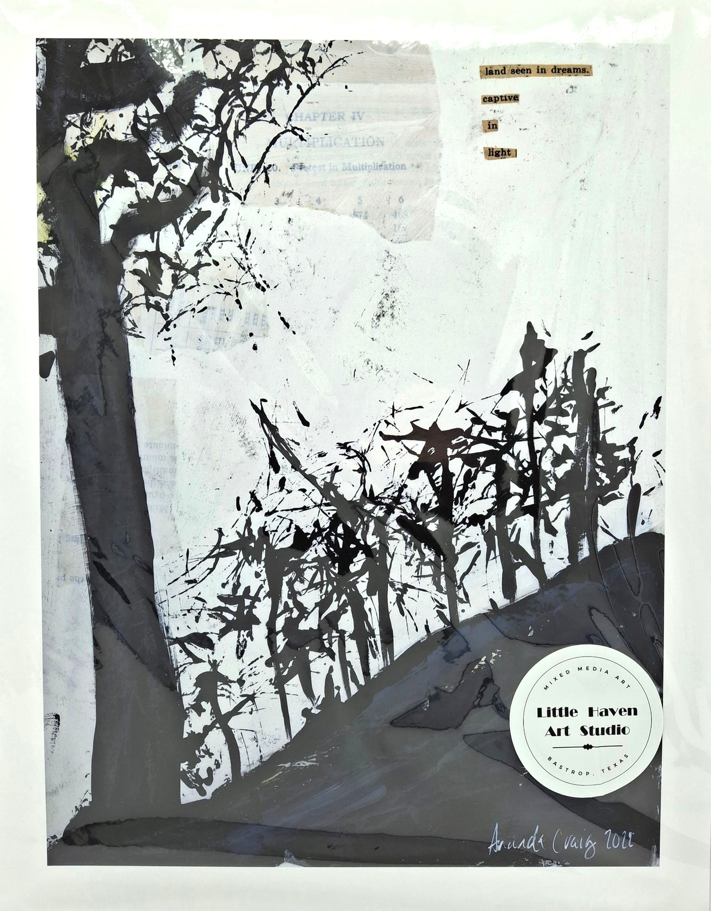 Print of abstract landscape, titled "Land Seen in Dreams" by Little Haven Art Studio, in black and white of pine trees on a hill.