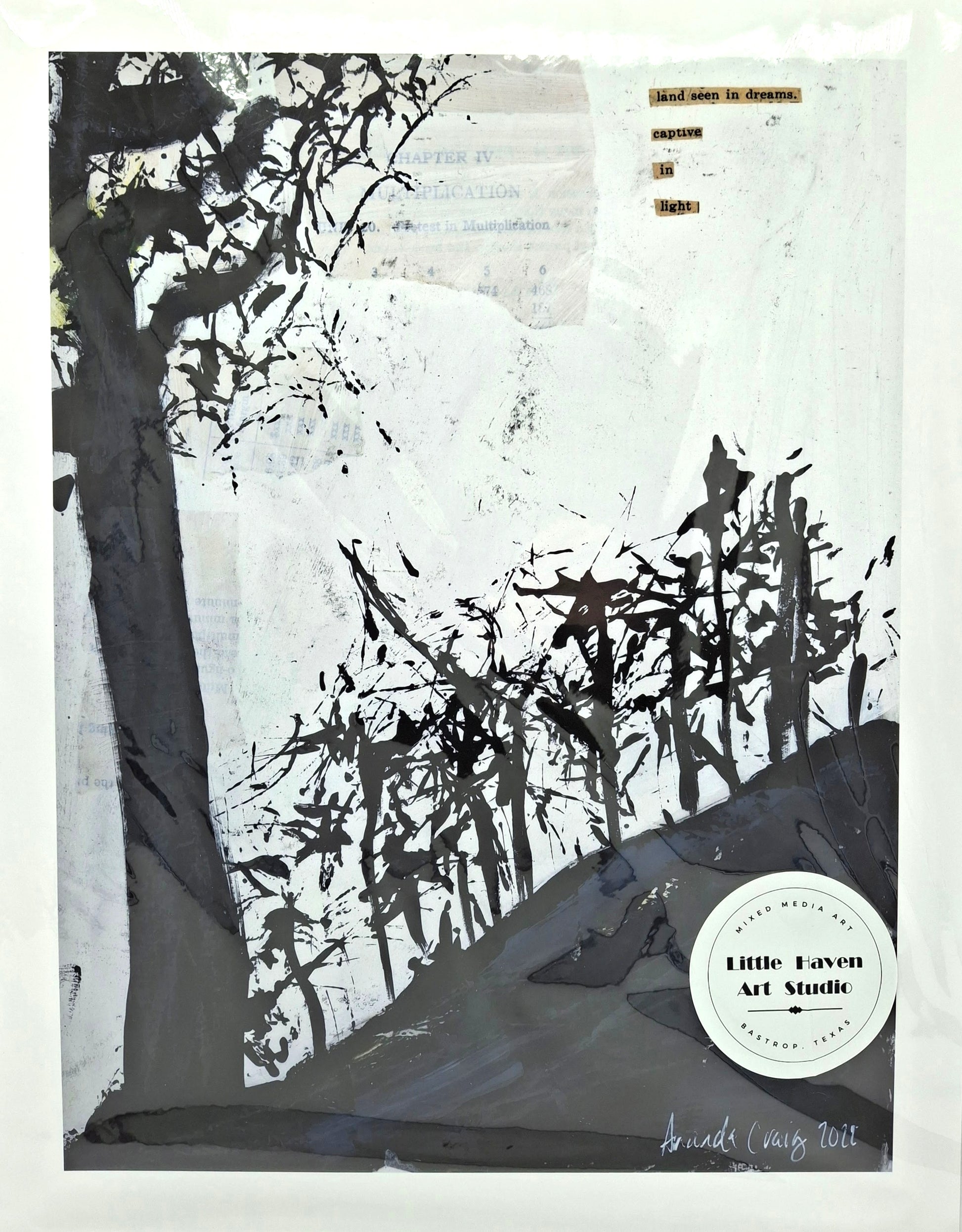 Print of abstract landscape, titled "Land Seen in Dreams" by Little Haven Art Studio, in black and white of pine trees on a hill.