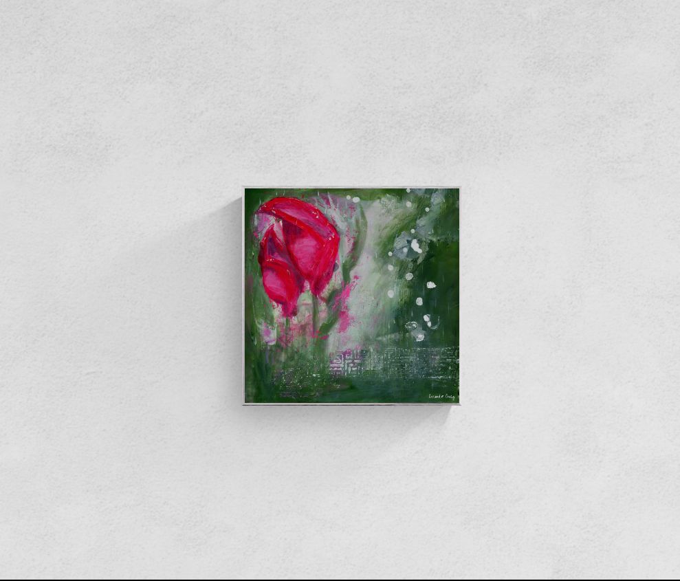 Original floral mixed media painting on abstract background titled, "Living Hope," by Amanda Craig of Little Haven Art Studio, in magenta pink, ruby red, emerald green, gray, and metallic silver, with silver tone floating frame.
