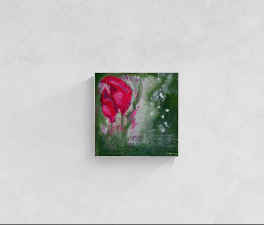 Original floral mixed media painting on abstract background titled, "Living Hope," by Amanda Craig of Little Haven Art Studio, in magenta pink, ruby red, emerald green, gray, and metallic silver, with silver tone floating frame.
