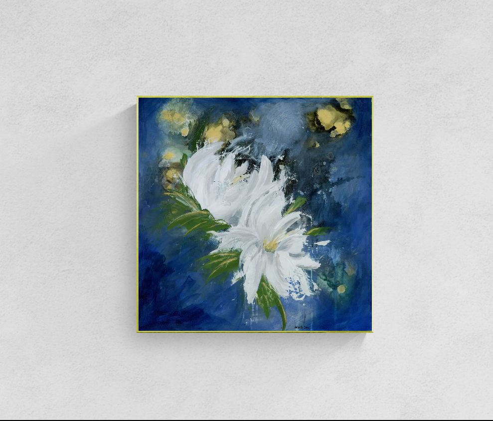 Original floral mixed media painting on abstract background titled, "Magnify Together," by Amanda Craig of Little Haven Art Studio, in sapphire blue, emerald green, grey, white, and metallic gold, with gold tone floating frame.