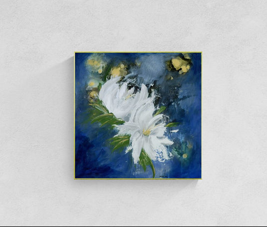 Original floral mixed media painting on abstract background titled, "Magnify Together," by Amanda Craig of Little Haven Art Studio, in sapphire blue, emerald green, grey, white, and metallic gold, with gold tone floating frame.