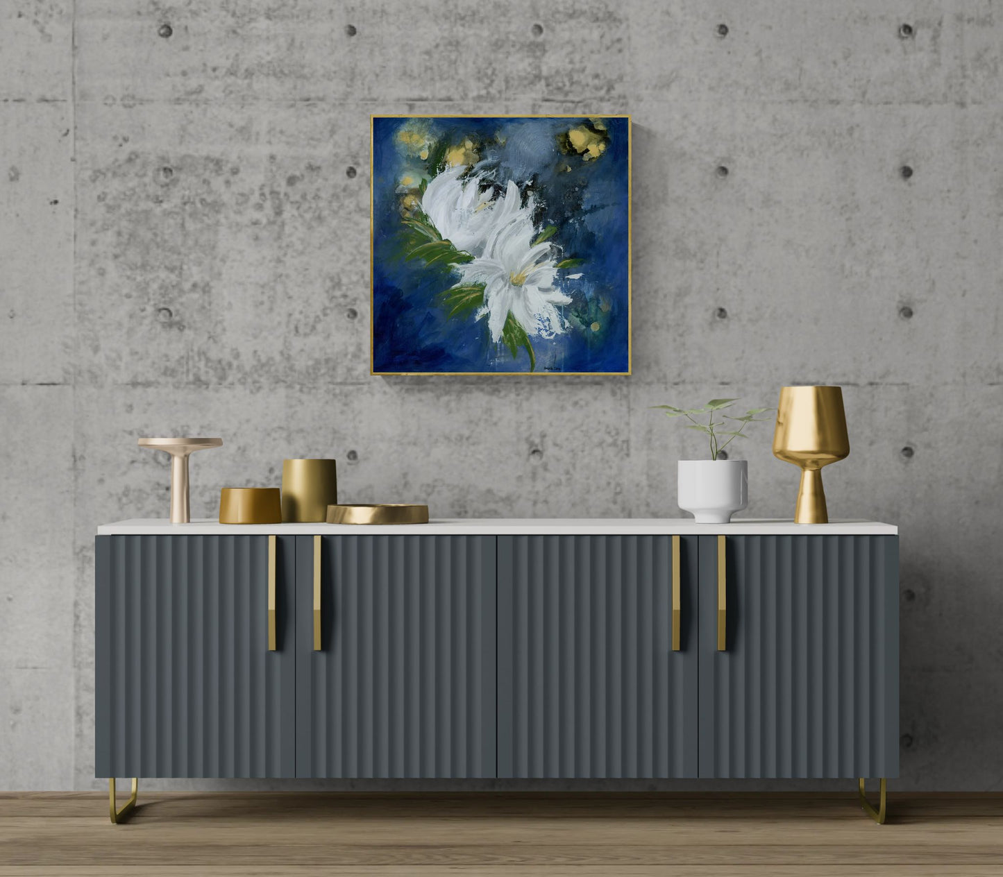 Original floral mixed media painting titled, "Magnify Together," by Amanda Craig of Little Haven Art Studio, on wall hanging above modern gray cabinet.