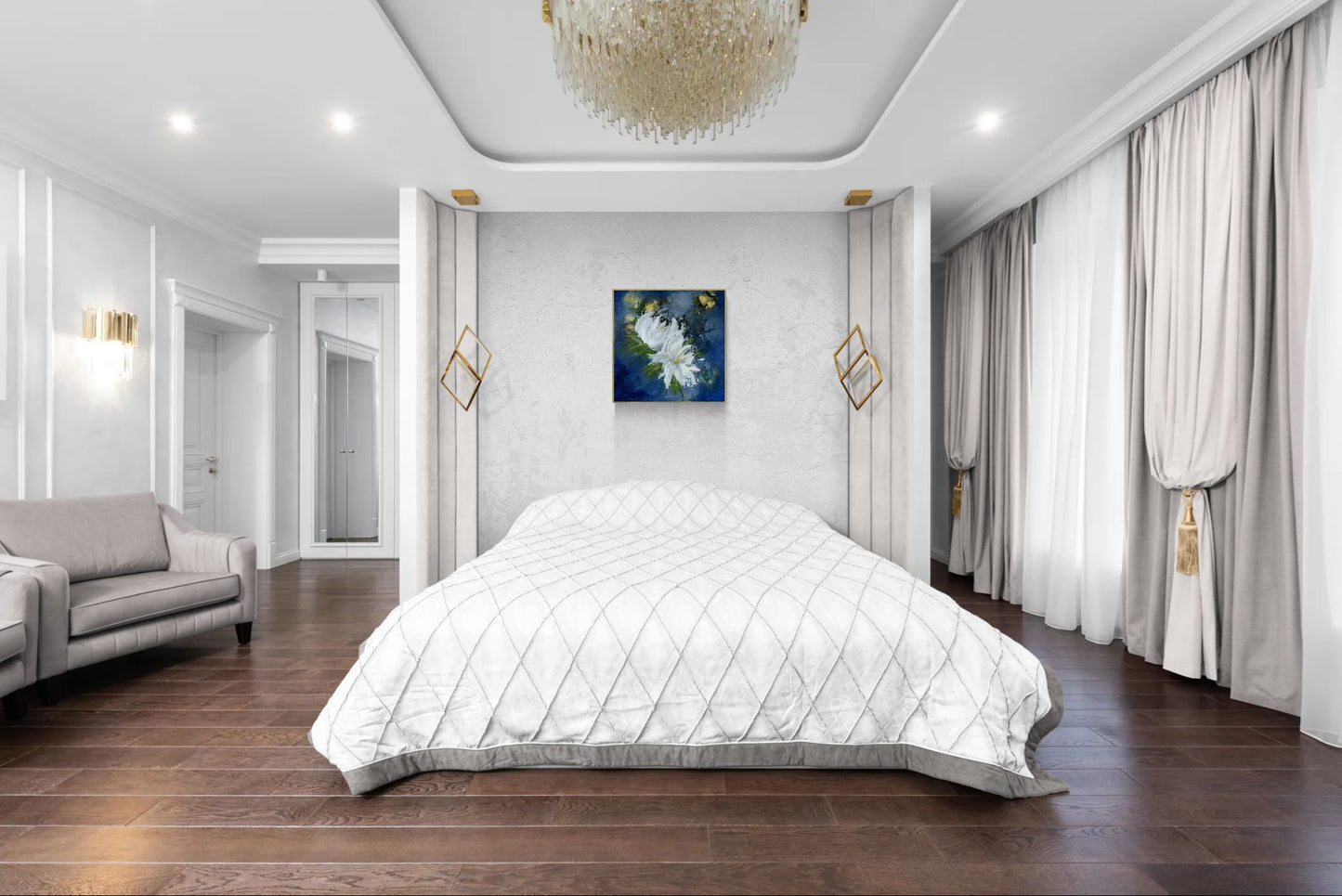 Original floral mixed media painting titled, "Magnify Together," by Amanda Craig of Little Haven Art Studio, hanging in luxurious white, gray, and gold bedroom.