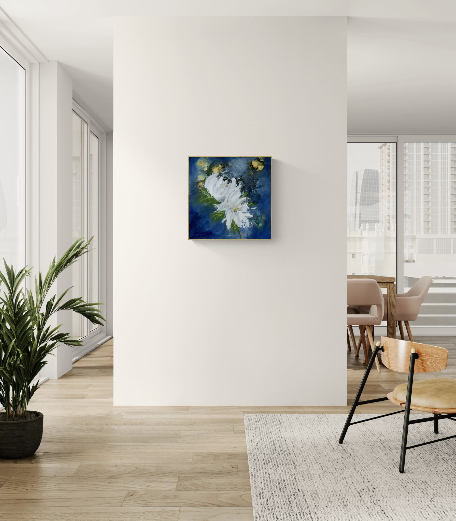 Original floral mixed media painting titled, "Magnify Together," by Amanda Craig of Little Haven Art Studio, hanging on wall in modern city view apartment.