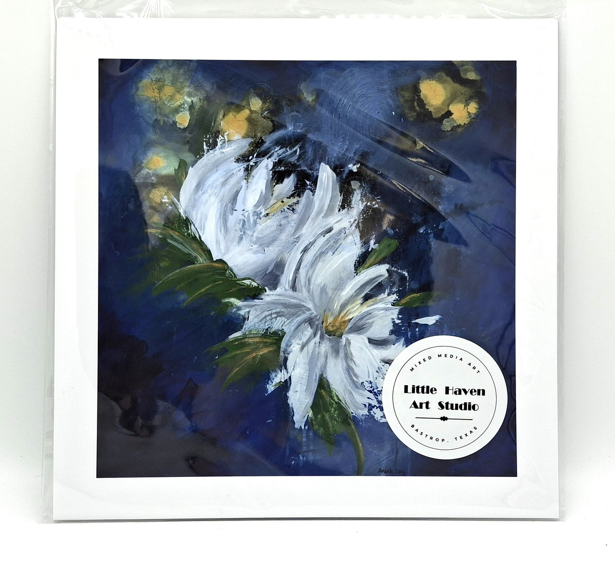 Print of floral mixed media painting on abstract background titled, "Magnify Together," by Amanda Craig of Little Haven Art Studio, in sapphire blue, emerald green, grey, white, and metallic gold, with gold tone floating frame.