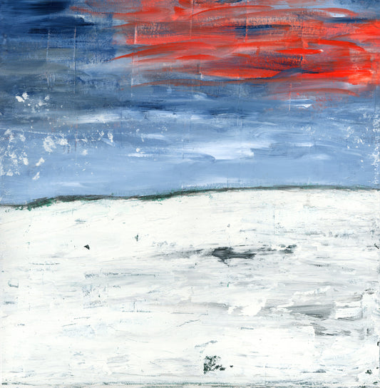Abstract original art landscape painting with red and blue brush strokes and plaster elements.