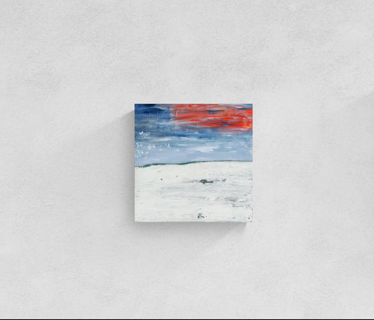 "New Beginnings" abstract original wall art landscape painting with red and blue elements by Little Haven Art Studio. 