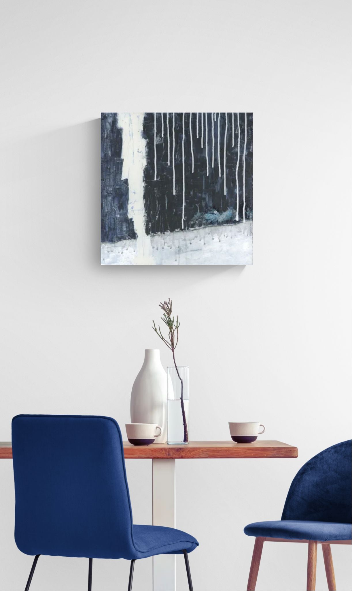 "Pillar of Fire" wall art of abstract landscape with lighting and rain by Amanda Craig, Little Haven Art Studio, hanging in cozy modern dining room.