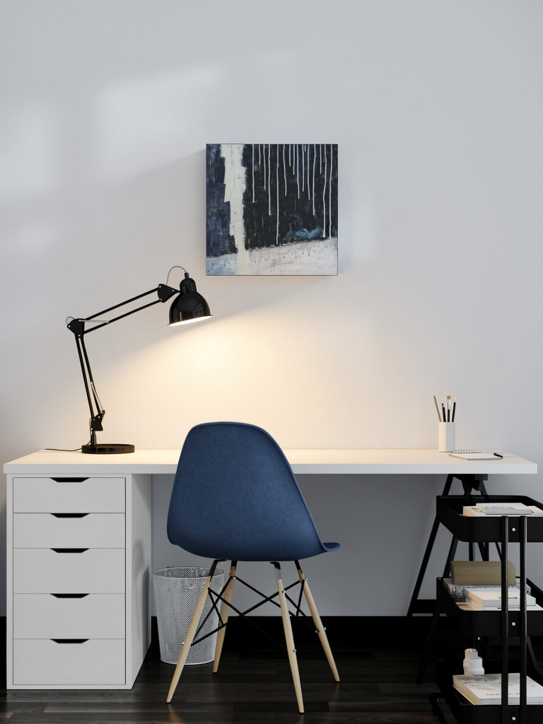 "Pillar of Fire" wall art of abstract landscape with lighting and rain by Amanda Craig, Little Haven Art Studio, hanging in office study above desk with lit lamp.