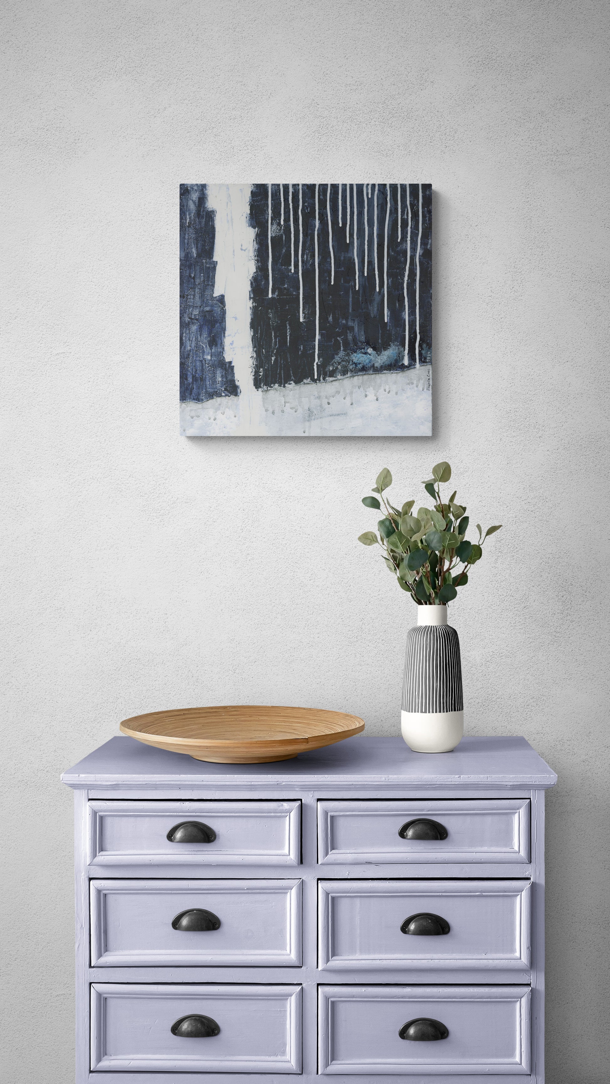 Original mixed media art of abstract landscape with lighting and rain above dresser by Amanda Craig, Little Haven Art Studio.
