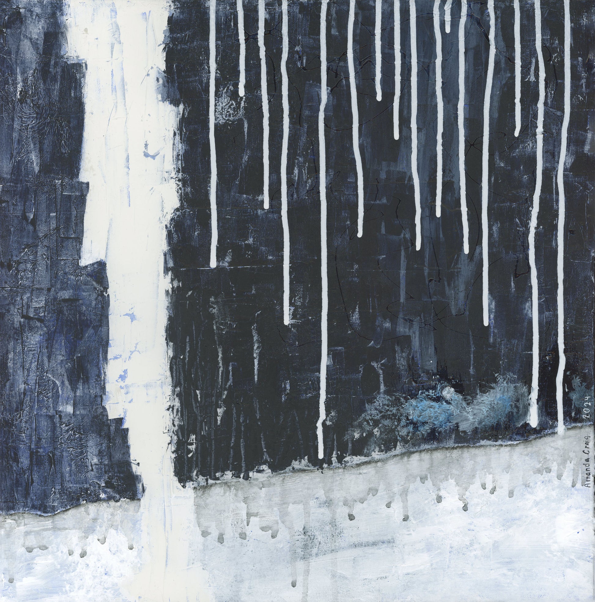 Original mixed media art of abstract landscape with lighting and rain by Amanda Craig, Little Haven Art Studio.