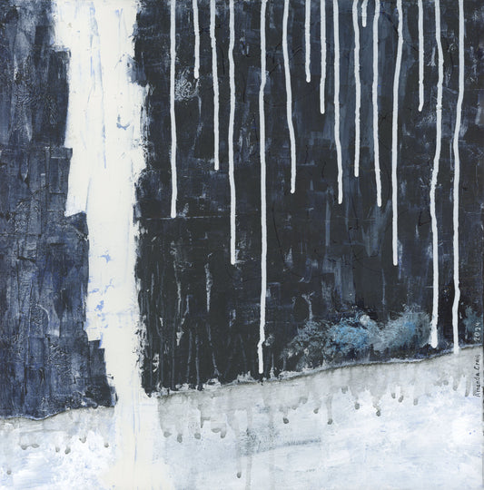Original mixed media art of abstract landscape with lighting and rain by Amanda Craig, Little Haven Art Studio.