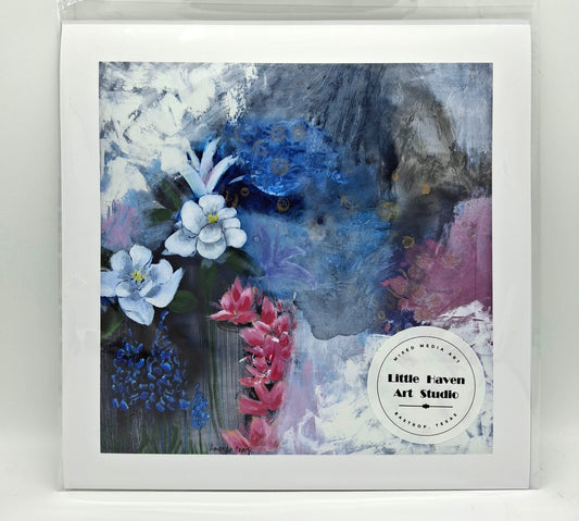 Giclee print of "Provision for the Seeking Heart" painting by Amanda Craig in pink, blue, white, and black.
