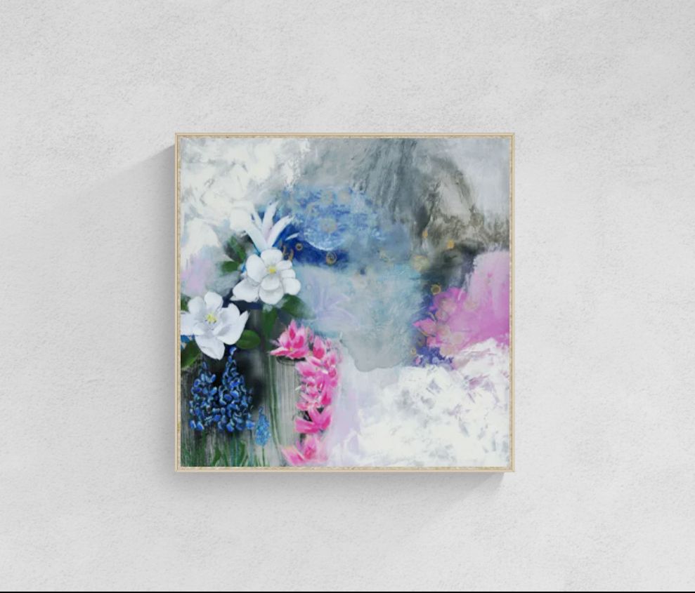 Dreamy blue floral abstract impressionism wall art in pink, gray, and white, titled "Provision for the Seeking Heart," by Little Haven Art Studio artist, Amanda Craig.