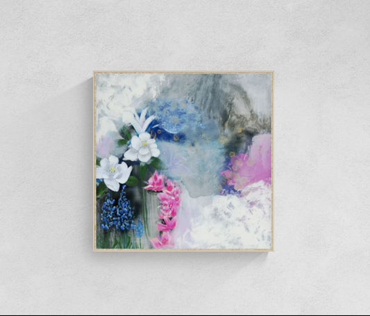 Dreamy blue floral abstract impressionism wall art in pink, gray, and white, titled "Provision for the Seeking Heart," by Little Haven Art Studio artist, Amanda Craig.
