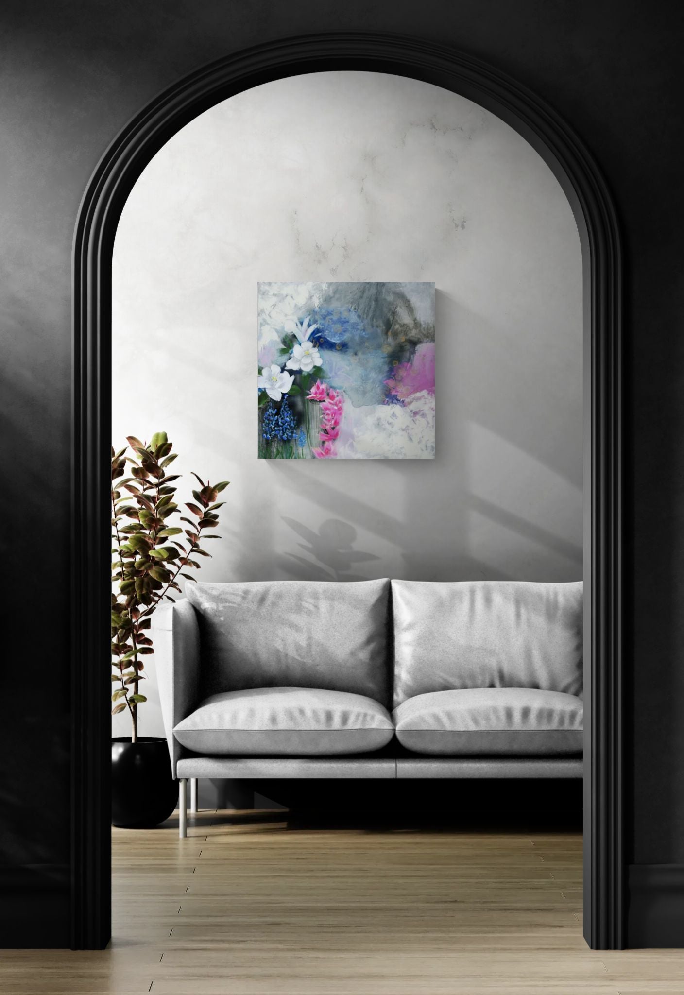 Dreamy blue floral abstract impressionism wall art in pink, gray, and white, titled "Provision for the Seeking Heart," by Little Haven Art Studio artist, Amanda Craig hanging in modern living room view through dramatic archway.