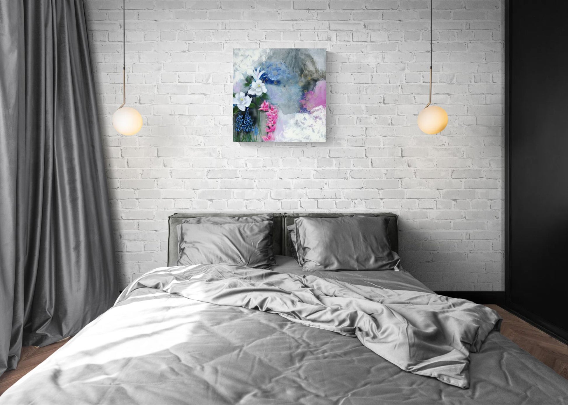 Dreamy blue floral abstract impressionism wall art in pink, gray, and white, titled "Provision for the Seeking Heart," by Little Haven Art Studio artist, Amanda Craig hanging in industrial style bedroom on brick wall.