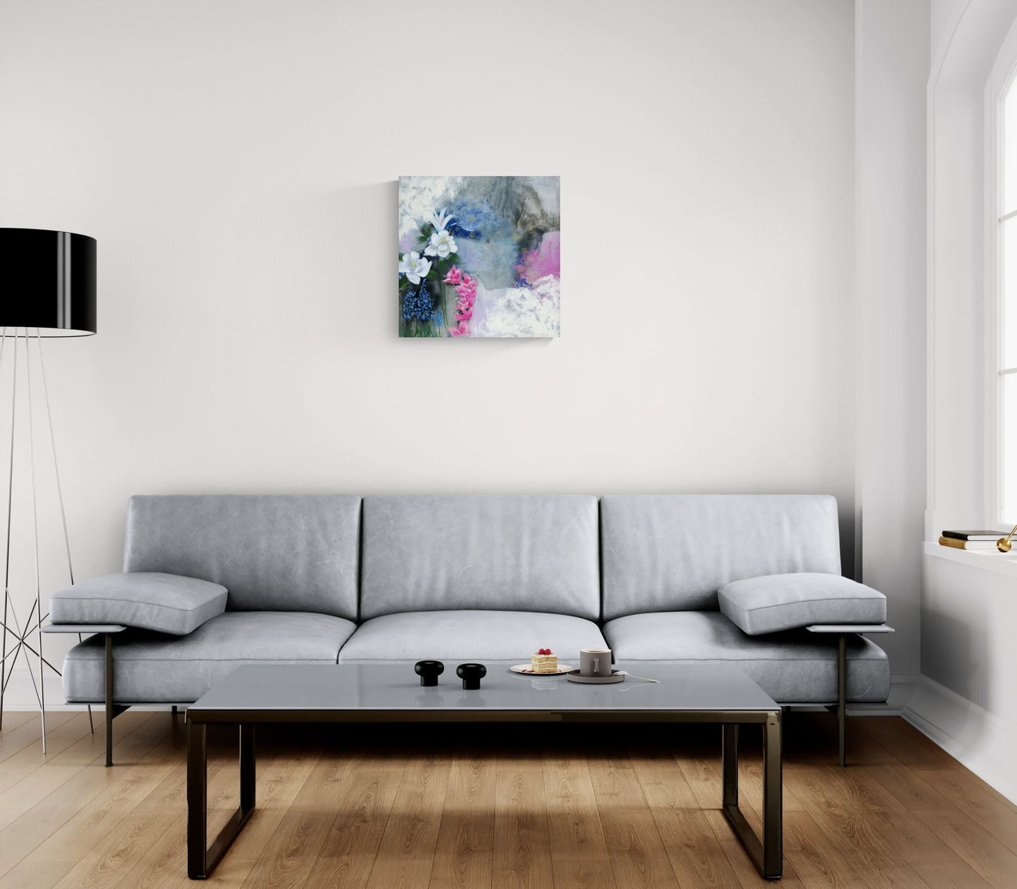 Dreamy blue floral abstract impressionism wall art in pink, gray, and white, titled "Provision for the Seeking Heart," by Little Haven Art Studio artist, Amanda Craig hanging in minimalist living room.