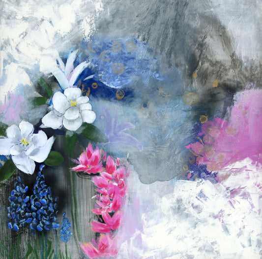 Original floral abstract realism mixed media art by Little Haven Art Studio in pink, blue, gray, white. By Amanda Craig.