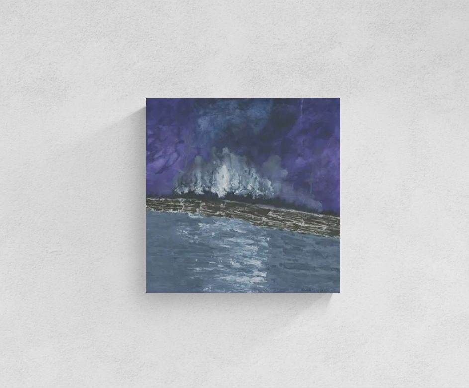 Original mixed media wall art, titled "Psalm of Deliverance" by Little Haven Art Studio, depicting moody landscape of purple, gray, and black.