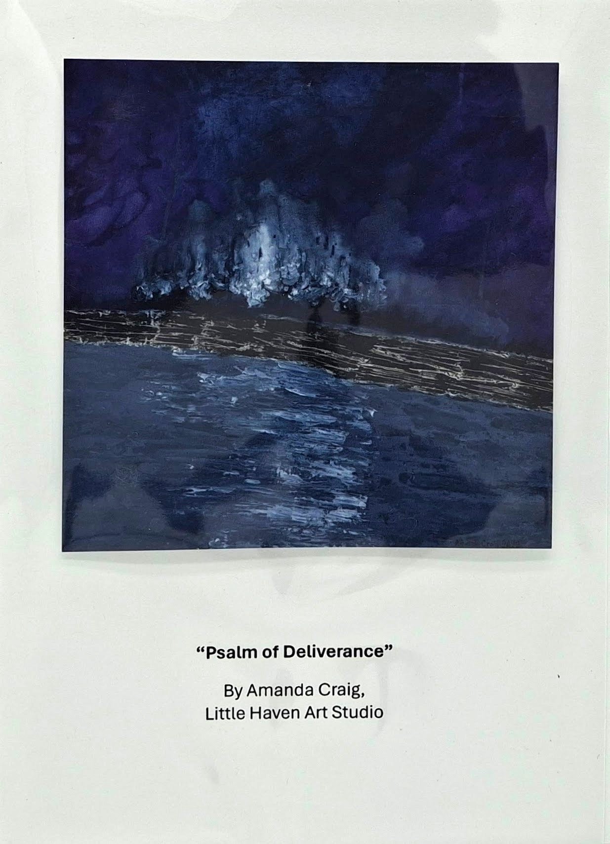 Psalm of Deliverance card by Little Haven Art Studio depicting moody landscape of purple, gray, and black. By Amanda Craig.