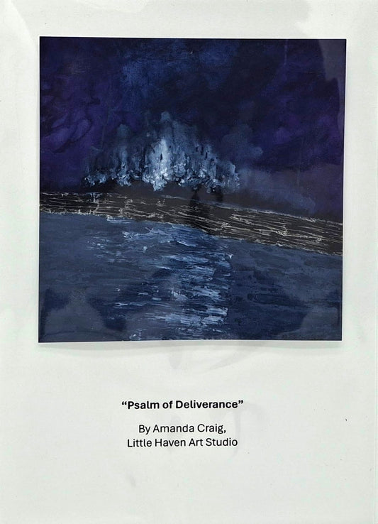 Psalm of Deliverance card by Little Haven Art Studio depicting moody landscape of purple, gray, and black. By Amanda Craig.