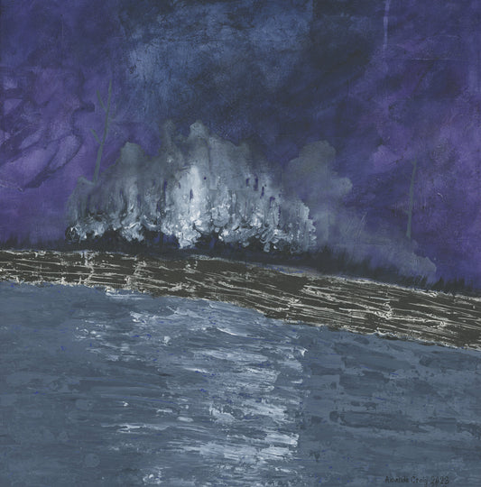 Original mixed media art by Little Haven Art Studio depicting moody landscape of purple, gray, and black. By Amanda Craig.