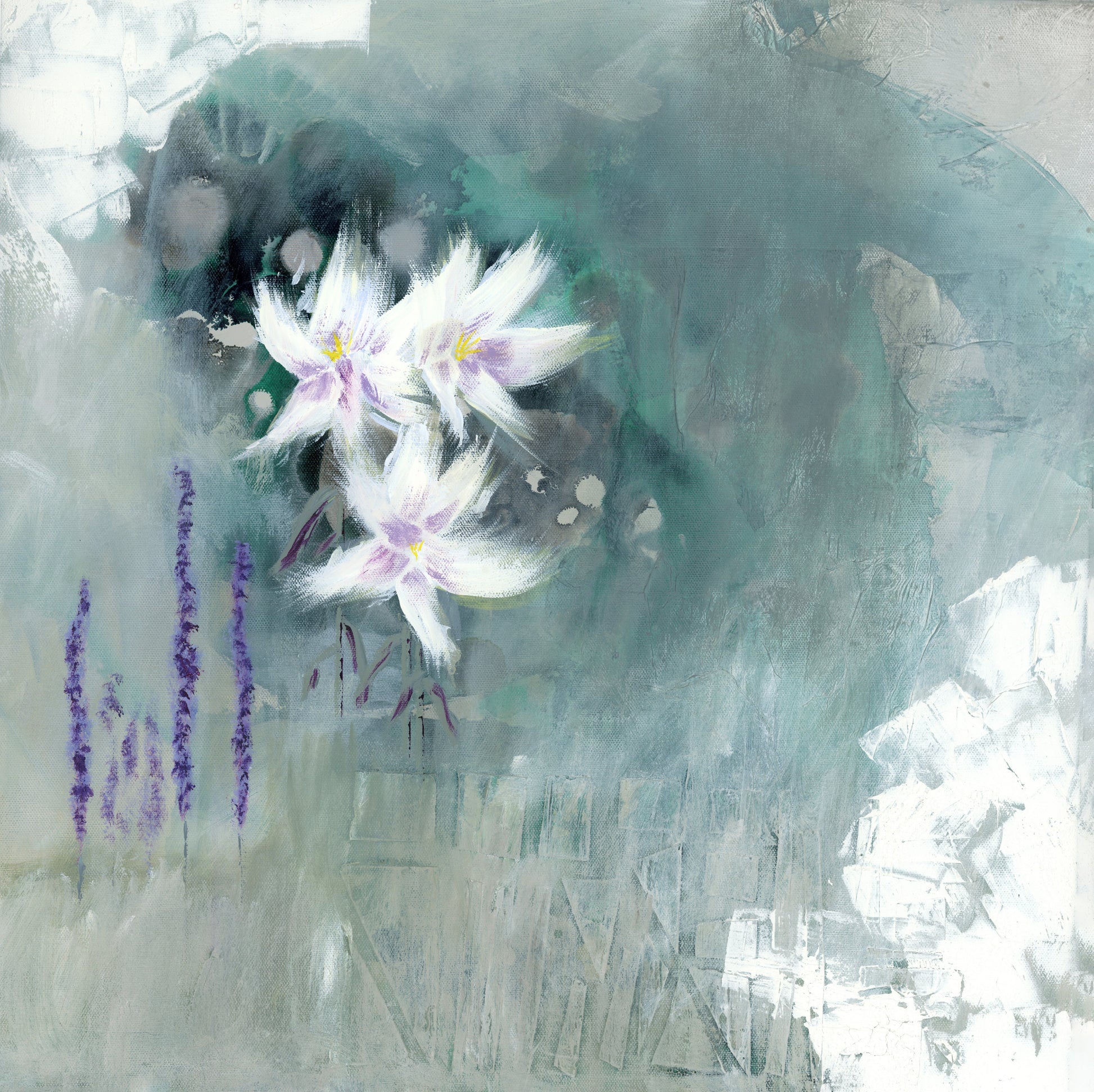 Original floral abstract realism mixed media art by Little Haven Art Studio in green, purple, linen, gray, white. By Amanda Craig.