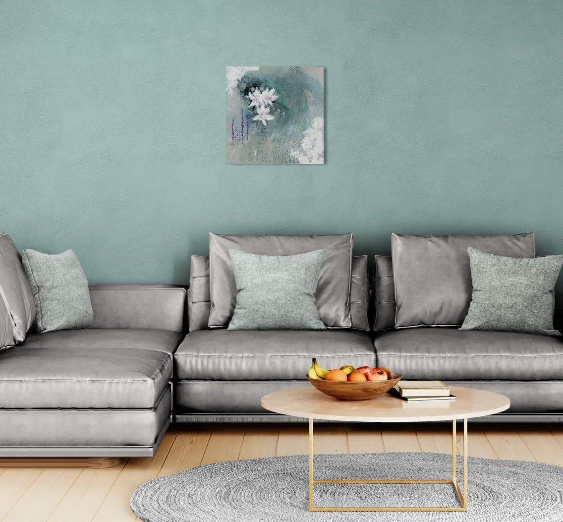 Original floral abstract realism mixed media art  in living room by Little Haven Art Studio in green, purple, linen, gray, white. By Amanda Craig.