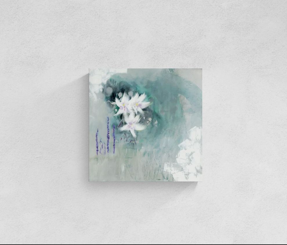 Original dreamy floral abstract impressionism canvas wall art by Little Haven Art Studio in green, purple, linen, gray, white, by Amanda Craig.