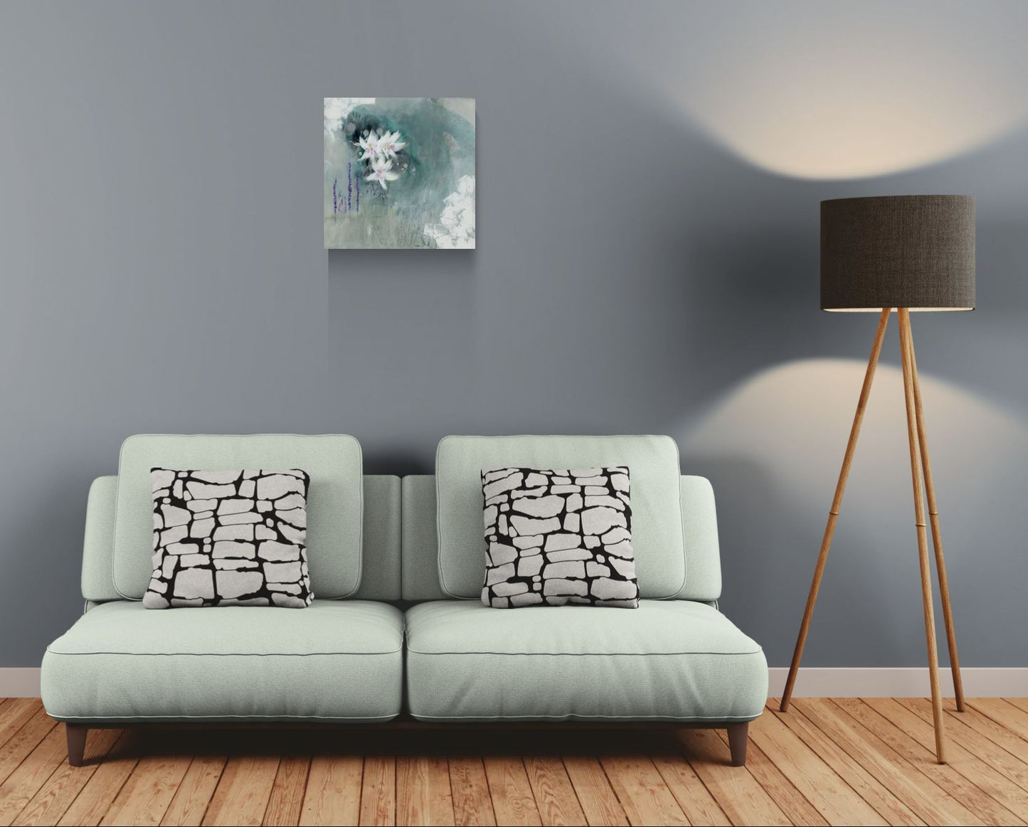 Original dreamy floral abstract impressionism canvas wall art by Little Haven Art Studio in green, purple, linen, gray, white, by Amanda Craig hanging in minimalist living room.