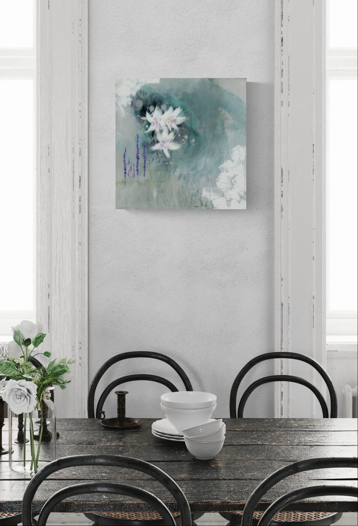 Original dreamy floral abstract impressionism canvas wall art by Little Haven Art Studio in green, purple, linen, gray, white, by Amanda Craig hanging in rustic dining room.