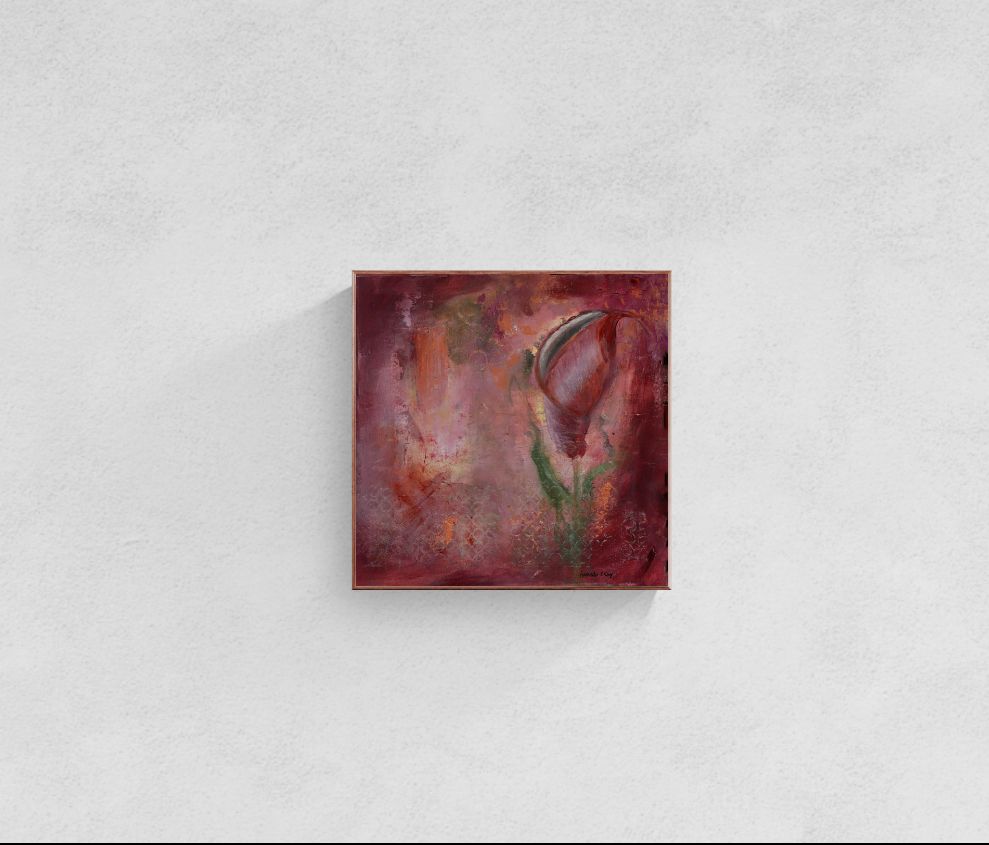 Original floral mixed media painting on abstract background titled, "Redeemed," by Amanda Craig of Little Haven Art Studio, in garnet with metallic copper, with copper tone floating frame.