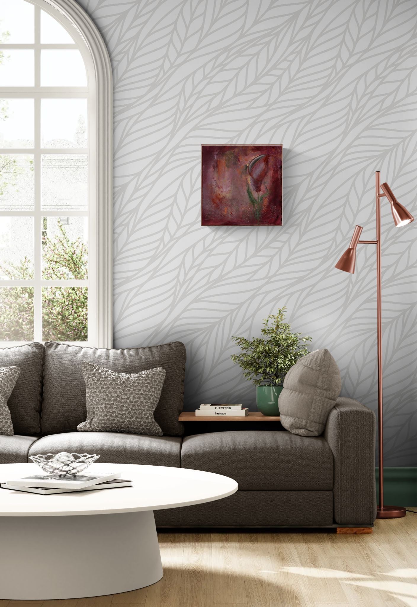 Original floral mixed media painting on abstract background titled, "Redeemed," by Amanda Craig of Little Haven Art Studio, in garnet with metallic copper, with copper tone floating frame hanging in living room with copper lighting.