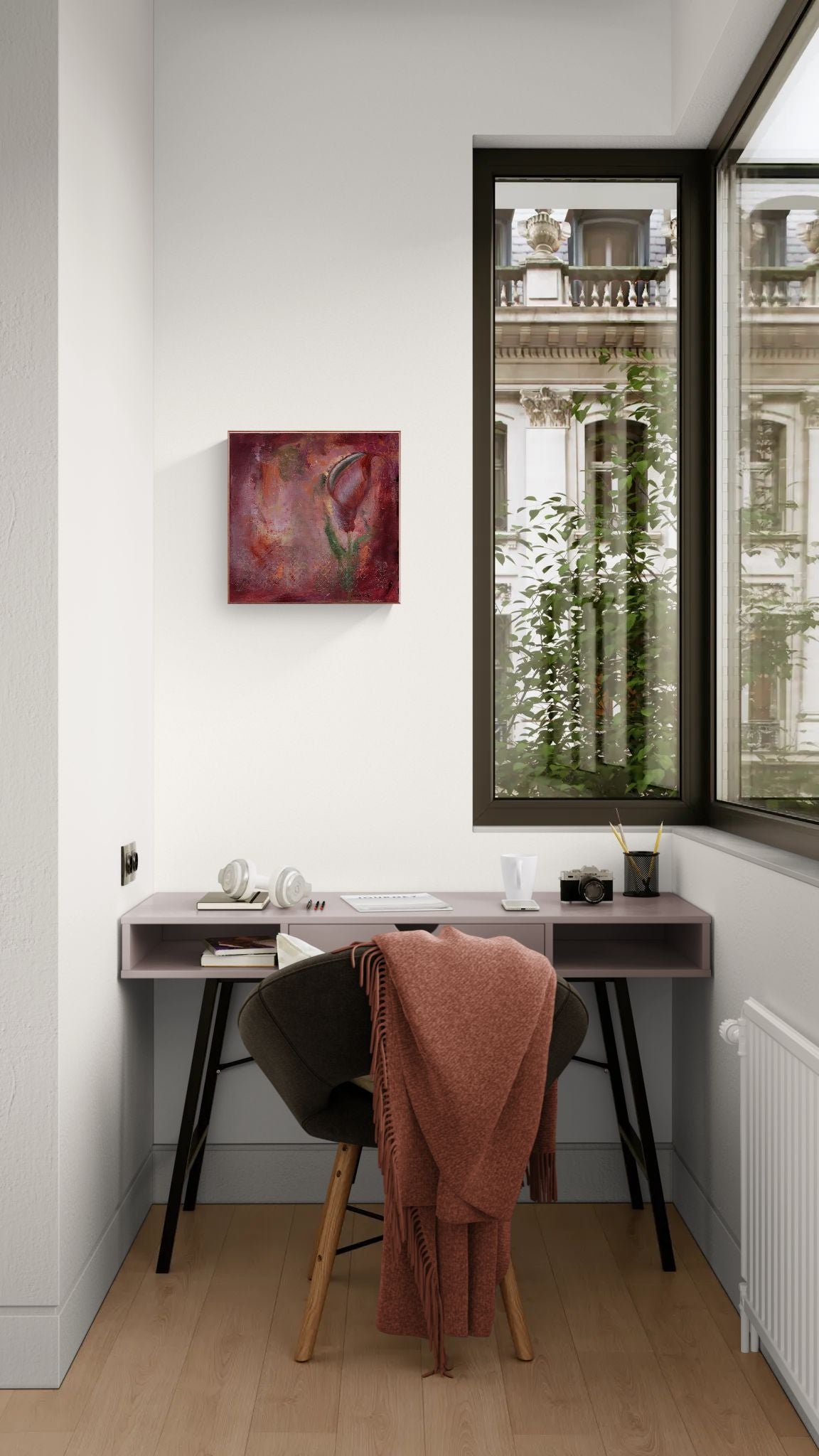 Original floral mixed media painting on abstract background titled, "Redeemed," by Amanda Craig of Little Haven Art Studio, in garnet with metallic copper, with copper tone floating frame hanging in office with outside views.