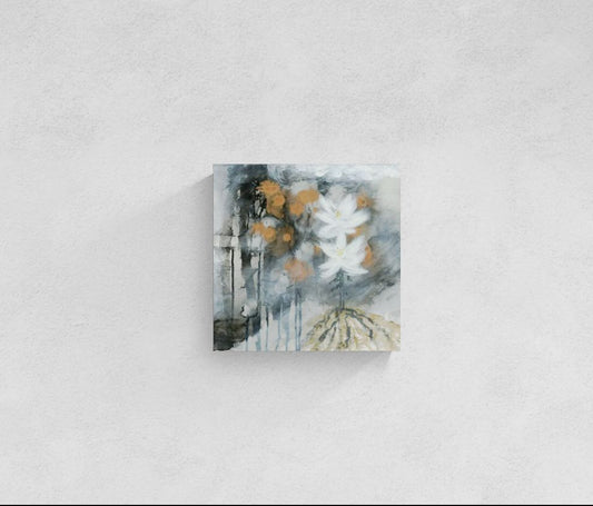 Original dreamy floral abstract impressionism mixed media art, titled "Rooted in Steadfastness," by Amanda Craig of Little Haven Art Studio in copper, black, gray, yellow, white.