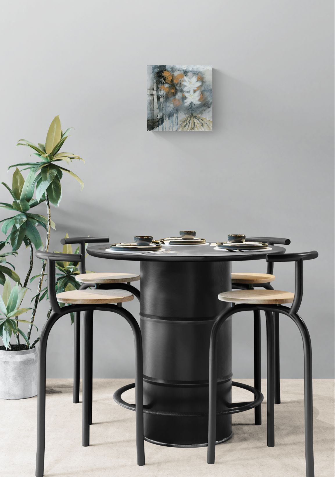Original dreamy floral abstract impressionism mixed media art, titled "Rooted in Steadfastness," by Amanda Craig of Little Haven Art Studio in copper, black, gray, yellow, white hanging in modern dining room.