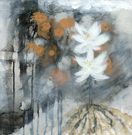 Original floral abstract realism mixed media art by Little Haven Art Studio in copper, black, gray, yellow, white. By Amanda Craig.